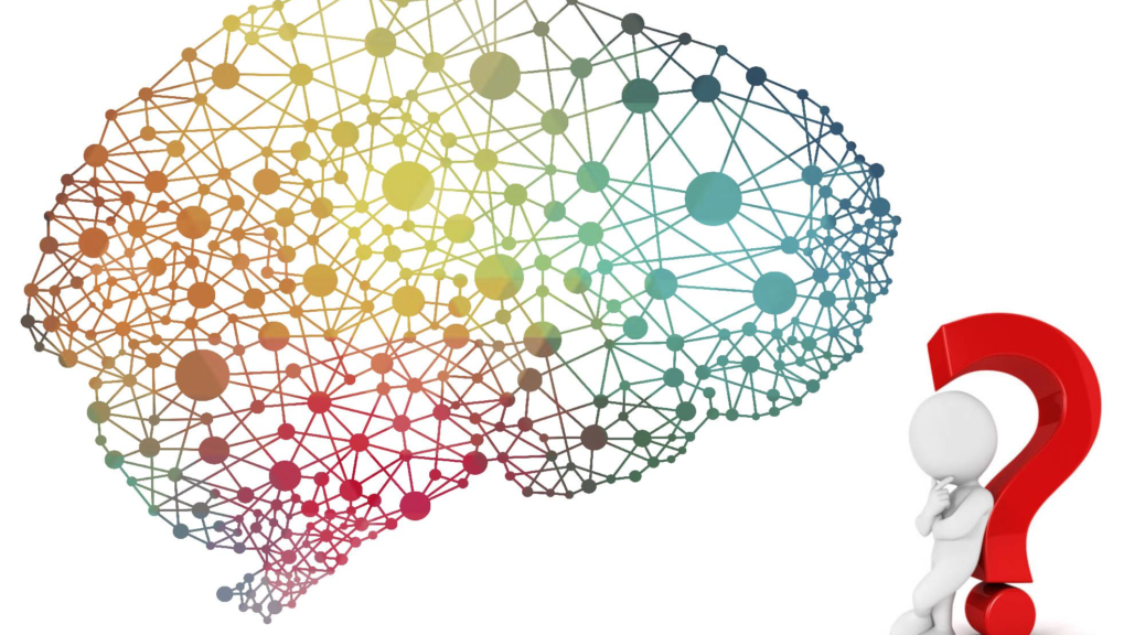 An illustration of a multicoloured brain, outlined using nodes and edges, with a question mark and musing figure in the corner.